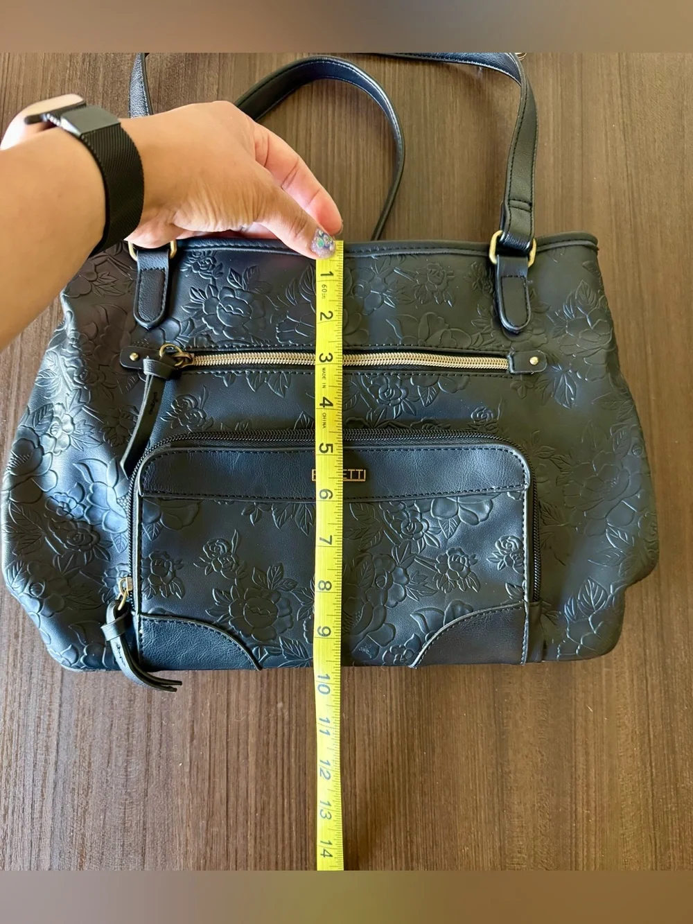 Rosetti Black Floral Embossed Tote with Gold Accents